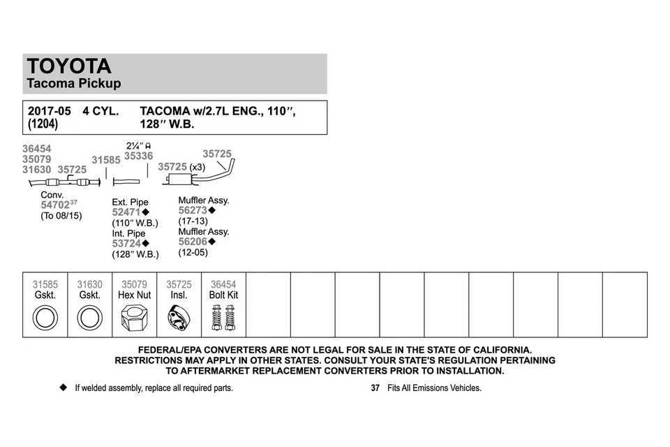 For Toyota Tacoma 05-20 Walker 53724 Aluminized Steel Exhaust Intermediate Pipe - Image 2 of 2