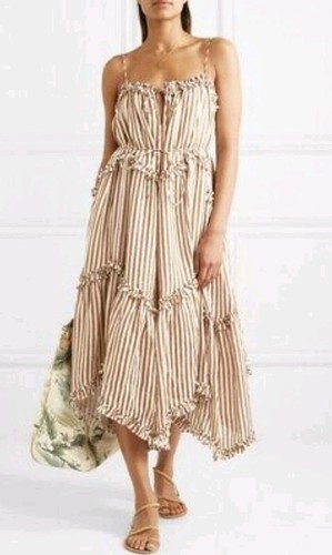 ZIMMERMANN Lumino asymmetric ruffled striped linen midi dress Sz 1 - Picture 3 of 15