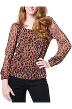 DG2 by Diane Gilman Women's Mesh Knit Lantern-Sleeve Top Taupe Leopard
