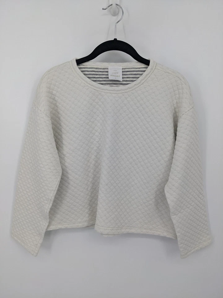 Sudadera J.Crew Mujer Pequeña Gris Marfil Rayas Acolchada Pullover Reversible Foto 2 de 4