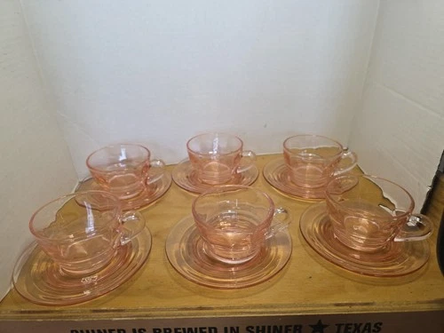 Huge Lot Of 12  Pink Depression Glass Tea Cup And Saucer Sets.  6 Sets