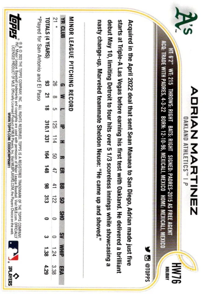 2022 Topps Adrian Martinez Rookie Oakland Athletics #USC99 - Image 2 of 2