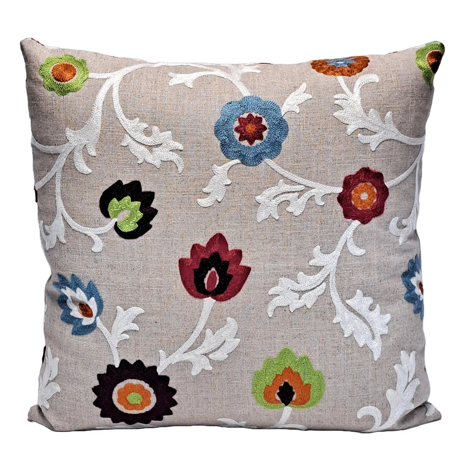 Crewel Embroidered Floral 20" Decorative Throw Pillow Cover linen - Image 2 of 4