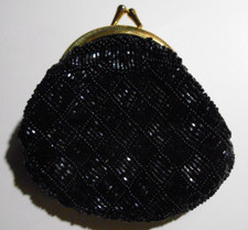 Vintage 1960's MCM Black Glass Bead Kiss Lock Coin Change Purse EUC