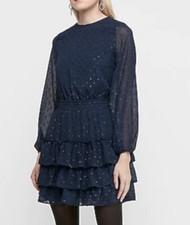 Clip Dot Tiered Smocked Waist Dress Express Size XXS Navy Midnight Blue BNWT