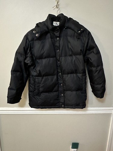 Vintage Calvin Klein Women’s M Puffer Down Bomber Jacket Coat Logo Black - Picture 2 of 8