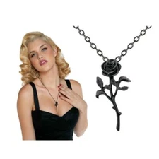 BLACK ROSE NECKLACE Gothic Romantic 4cm Pendant 50cm Chain Biker Punk Goth NEW