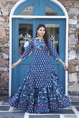 Women Ethnic Indian Sharara Kurta Set Designer Summer Blue Kurti Set -  Jaipuri | eBay
