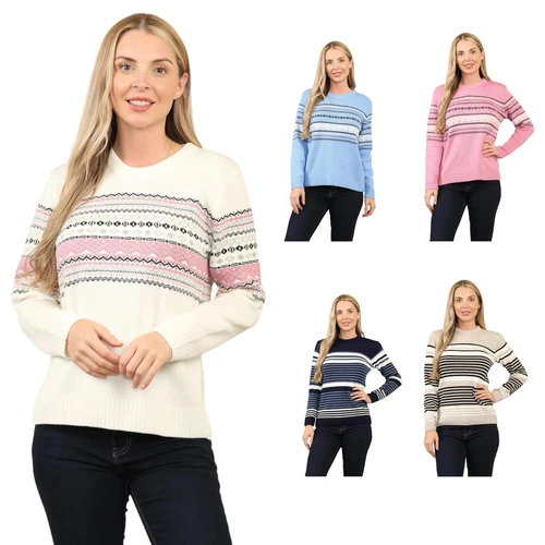 Women Knitted Jumper Long Sleeve Striped Pattern Crew Neck Ladies Sweater Pull O