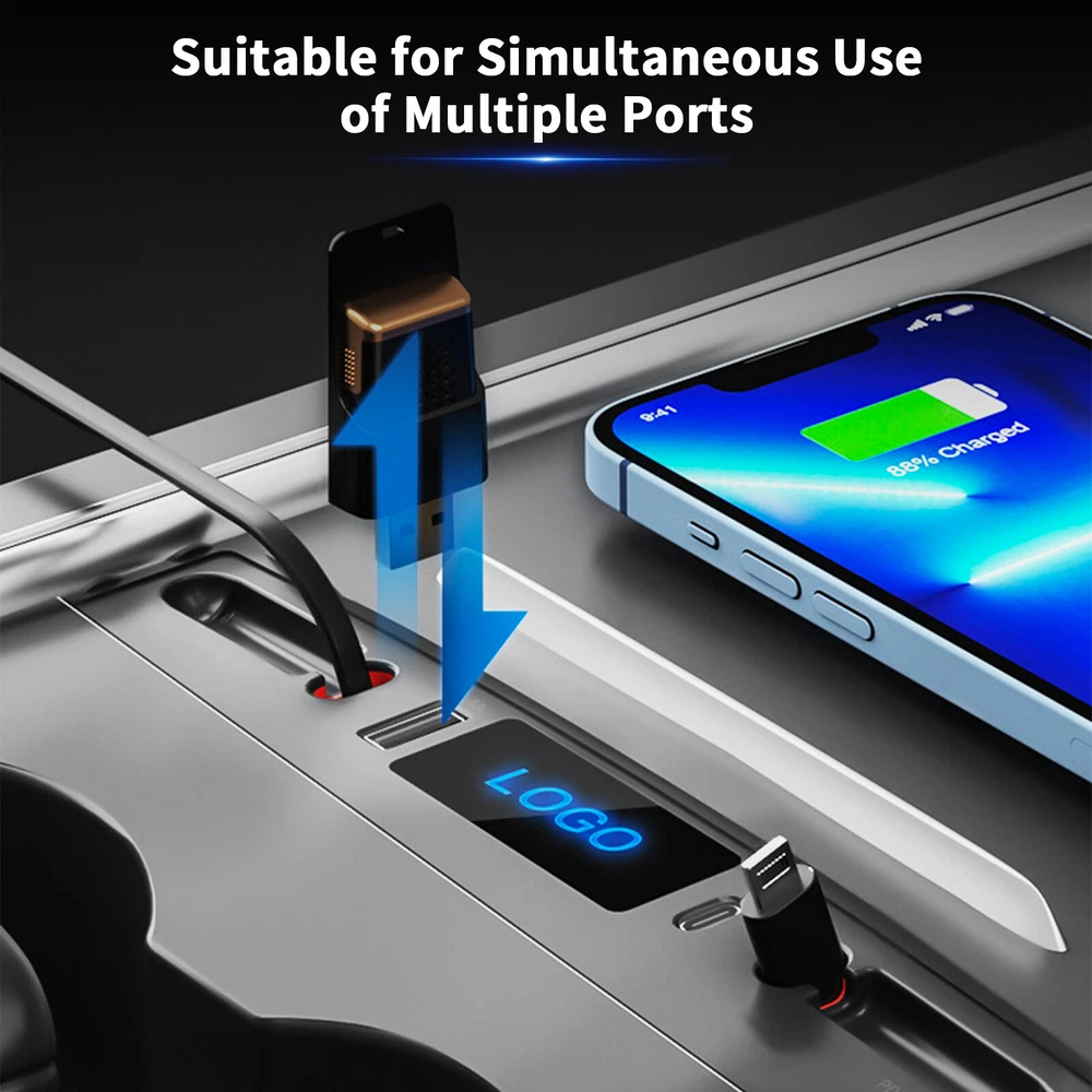 For Model 3Y Tesla USB Hub, Docking Station with Retractable Fast Charging Cable