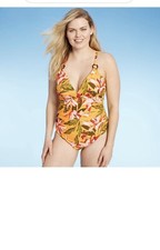 Kona Sol Swimwear One Piece High Coverage Yellow Tropical Floral Size XL NWT 