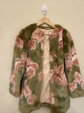 Anthropologie Seen Worn Kept Brown W Pink Floral Iris Acrylic Faux Fur Coat