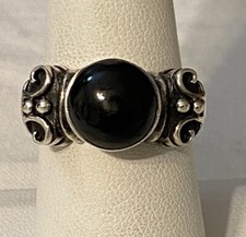 STERLING ROUND BLACK ONYX OXIDIZED SCROLL ACCENTS RING SIZE 7.75