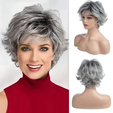 Silver Grey Wigs for White Women Short Highlighted Layered Gray Wavy Wig