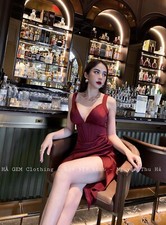 Evening elegant sexy part fitted V neck dress Red and Baby Teal Size S