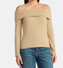 TIME AND TRU Women’s Fold Over Off Shoulder Top Long Sleeve XXL(20)camel Suede
