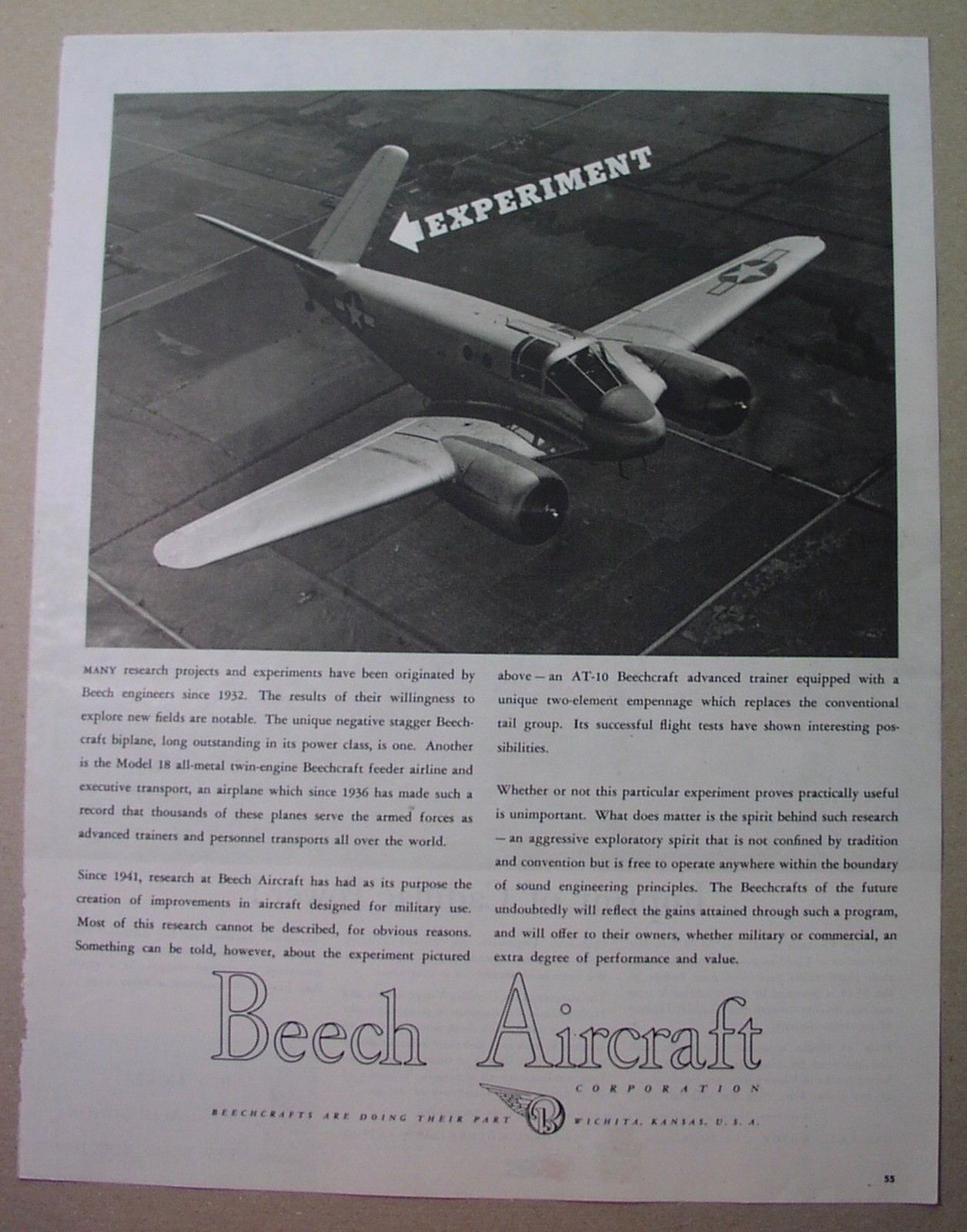 BEECHCRAFT airplanes - 7 ads, 1942-1947; WICHITA Kansas; Bonanza; KING of BORNEO