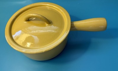 Vintage Belgium Descoware Mustard  Yellow Enameled Cast Iron Sauce Pot & Lid