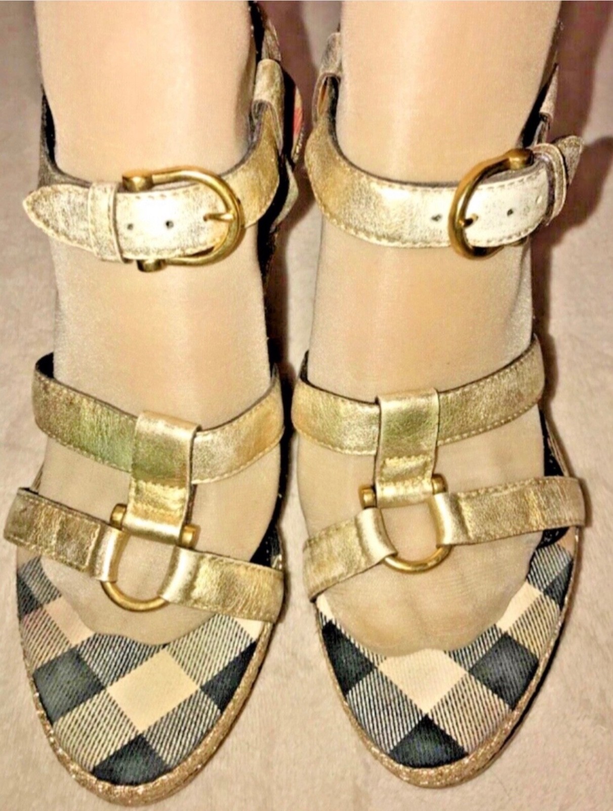 Burberry Gold Leather Nova Check Strap Wedge Buckled Sandals SZ 38 thumbnail 8