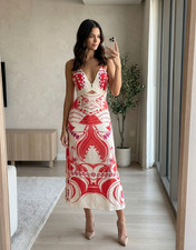 REISS EBONY ABSTRACT PRINT MAXI DRESS in CORAL/IVORY
