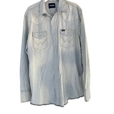 Wrangler Men L Faded Blue White Stripe Western Pearl Snap Shirt Raw Hem Workwear