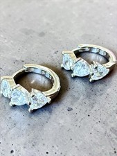 Sterling Silver Tiny Huggie Hoop Earrings Shiny Heart Shape Cubic Zirconia