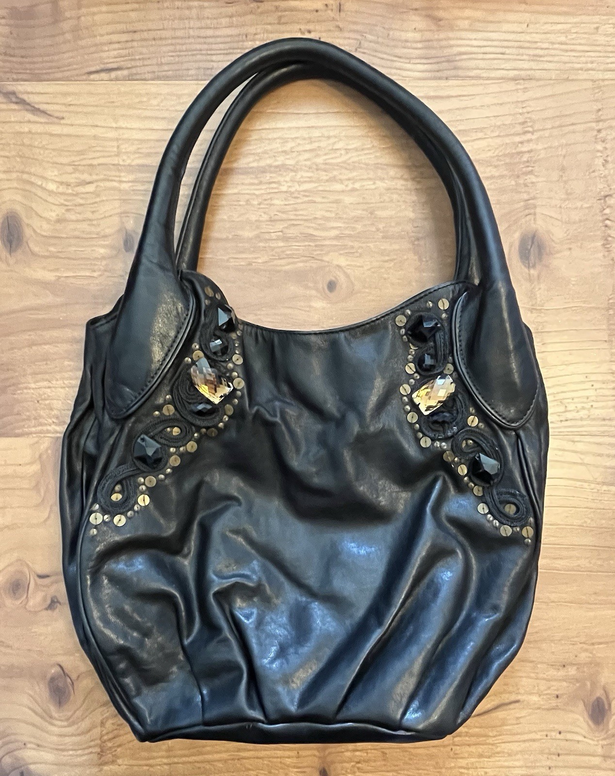 Isabella Fiore Black Leather Jeweled Shoulder Y2K Hobo Handbag Purse Chunky Gems