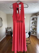 Halston Heritage Coral Halter Maxi Dress Size 8 NWT Pleated Formal Gown