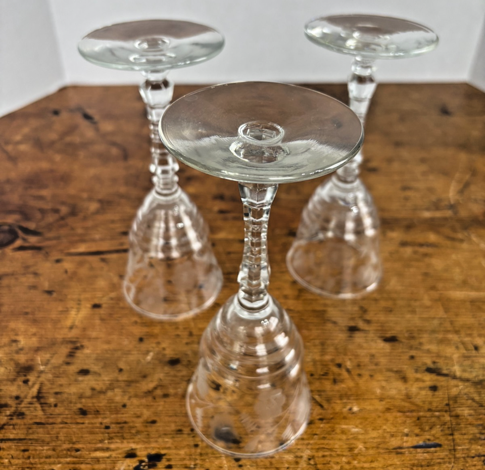3 Pc. Vtg Libbey Rock Sharpe Halifax Cordial Aperitif Goblet Floral ...