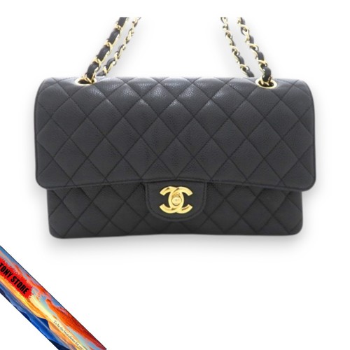 Chanel Matelasse W Flap 25 W Chain Shoulder Bag Black Caviar Leather Gold Hardw