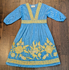 Blue Gold Embroidered Syrian Dress Al-Wissam Boho Folk Festival Midi Ethnic Sz 2