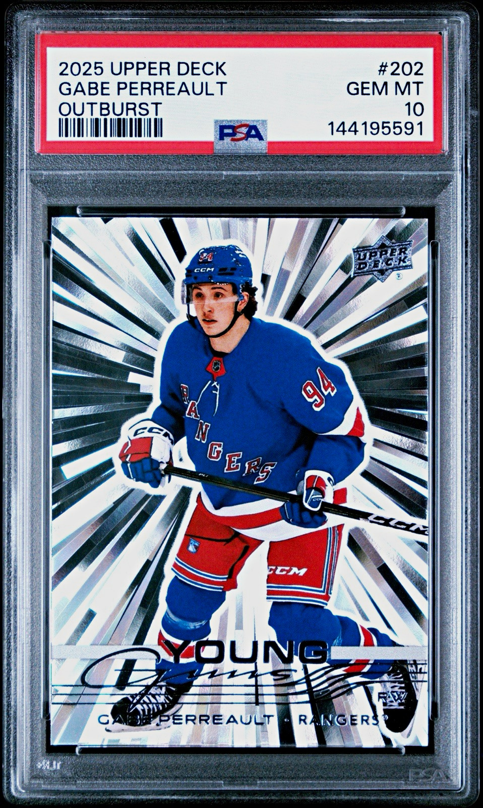 Upper Deck 2025-26 Series 1 Young Guns Gabe Perreault #202 Outburst RC PSA 10