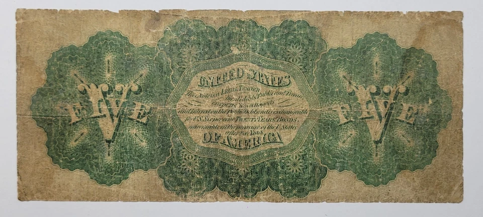 1862 $5 Legal Tender Chittenden Spinner Circulated Civil War Era Currency *K1056 - Image 2 of 2