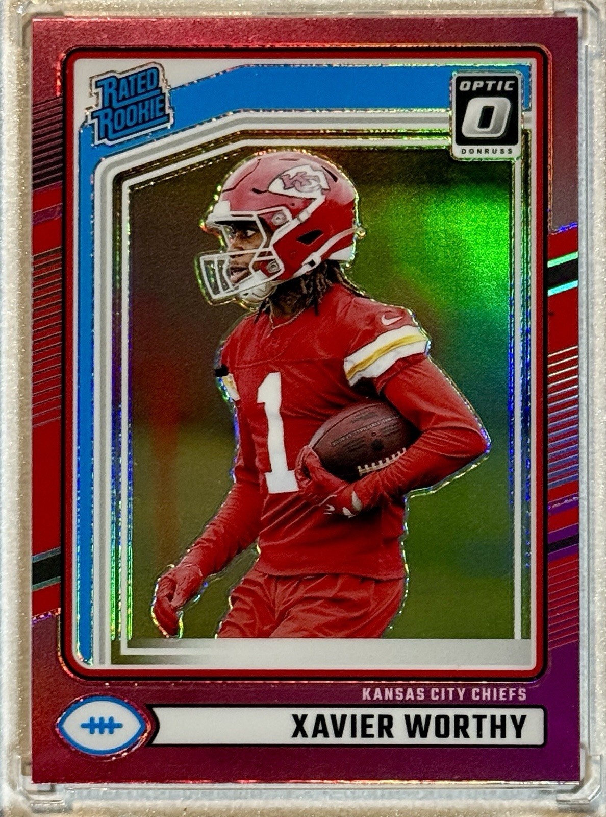 2024 Donruss #398 Xavier Worthy (RC) Rated Rookie Optic Preview Pink Holo Prizm