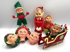 Vintage Japan Knee-Hugger Elf Christmas Pixie Lot Heads Ornaments 7 Total