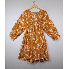 Boho Cottagecore Unbranded Womens S Mustard Yellow Floral Balloon Sleeve Dress