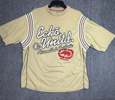Vintage Ecko UNLTD T-shirt Men's L Heavyweight Embroidered Beige Y2K
