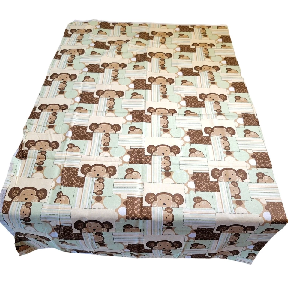 Cotton Fabric Green Brown Monkeys Patchwork Jungle Baby Quilt 25x43 Sewing - Image 2 of 4