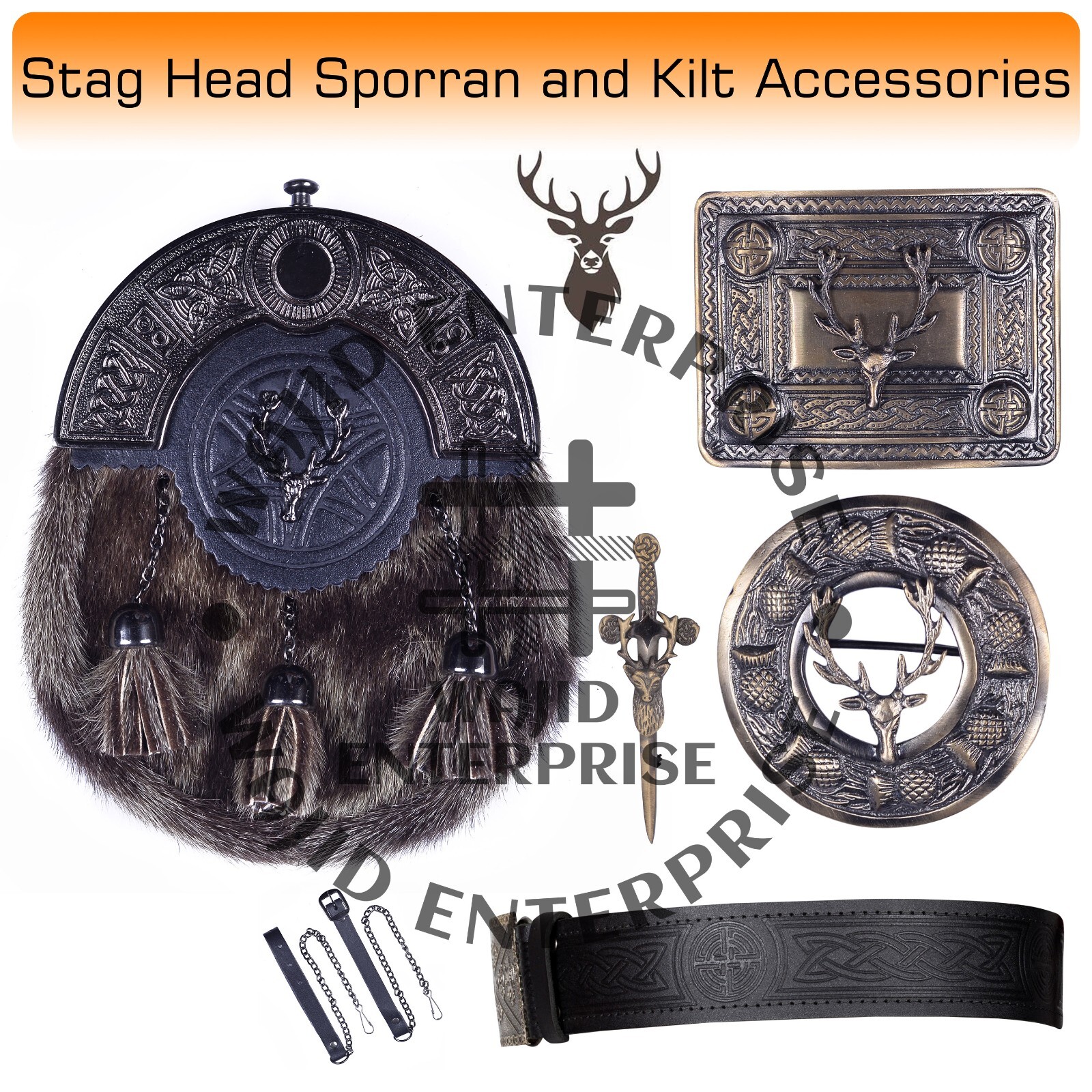 Scottish Highland Stag Head Design KILT Seal Skin Sporran  & Antique Accessories