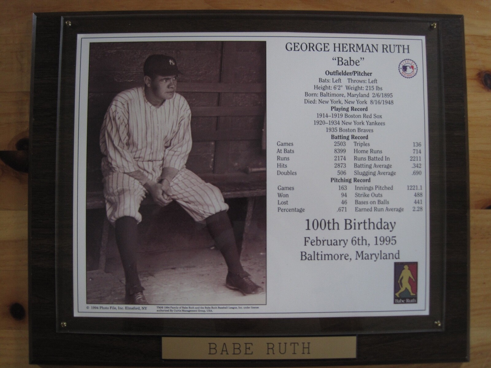 Babe Ruth commemorative plaque with career pitching & hitting ...
