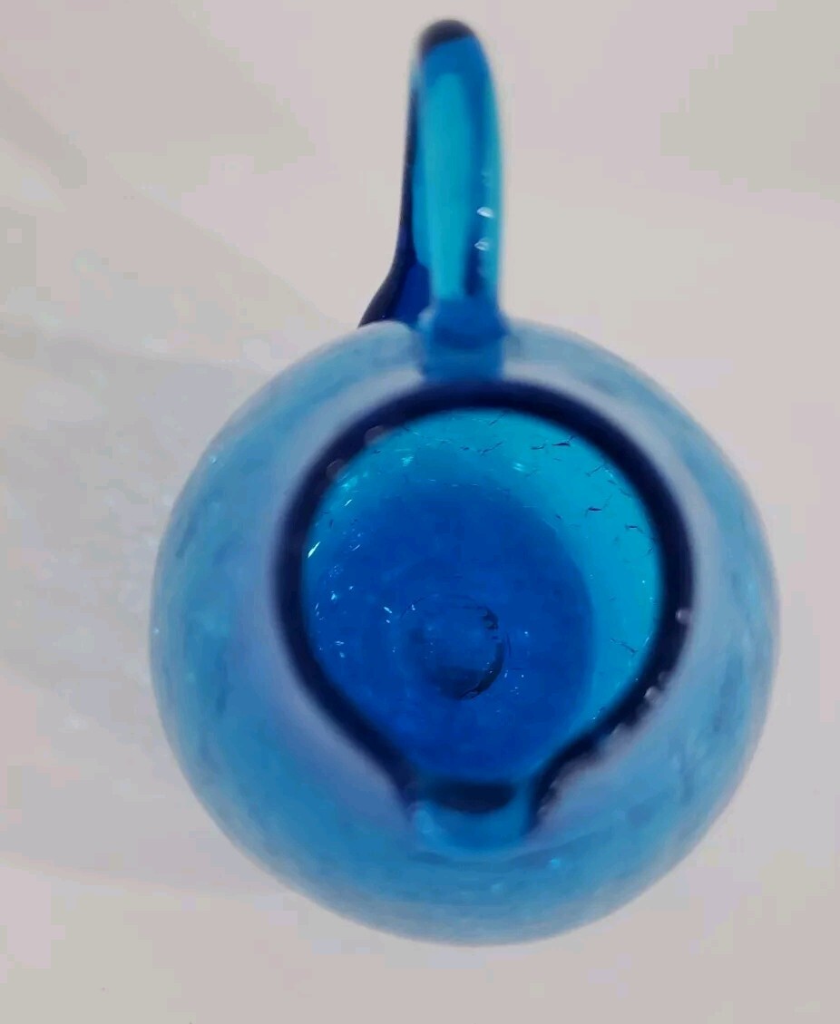Vintage Blue Crackle Glass Mini Pitcher Bud Vase Applied Handle Approx 3.5”H