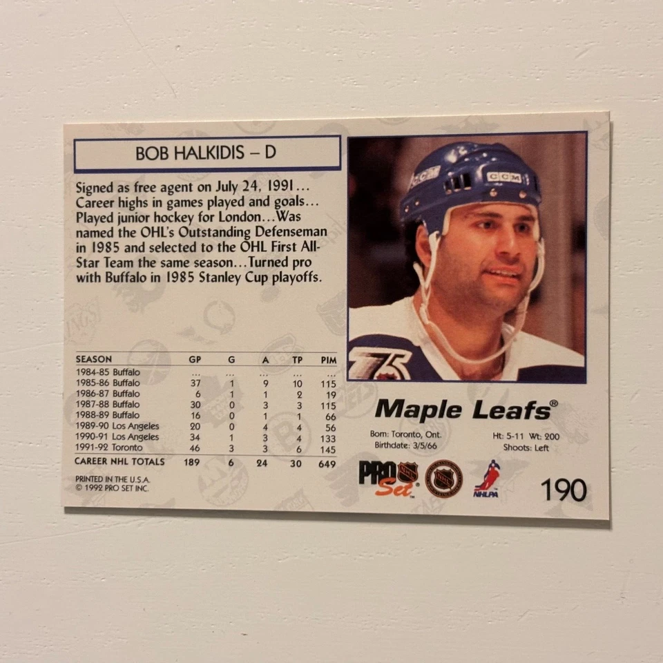 1992-93 Pro Set #190 Bob Halkidis - Image 2 of 2
