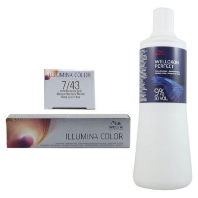 Wella Illumina 60 ml 7/43 mittelblond rot gold & 1000 ml 9 % Entwickler Set