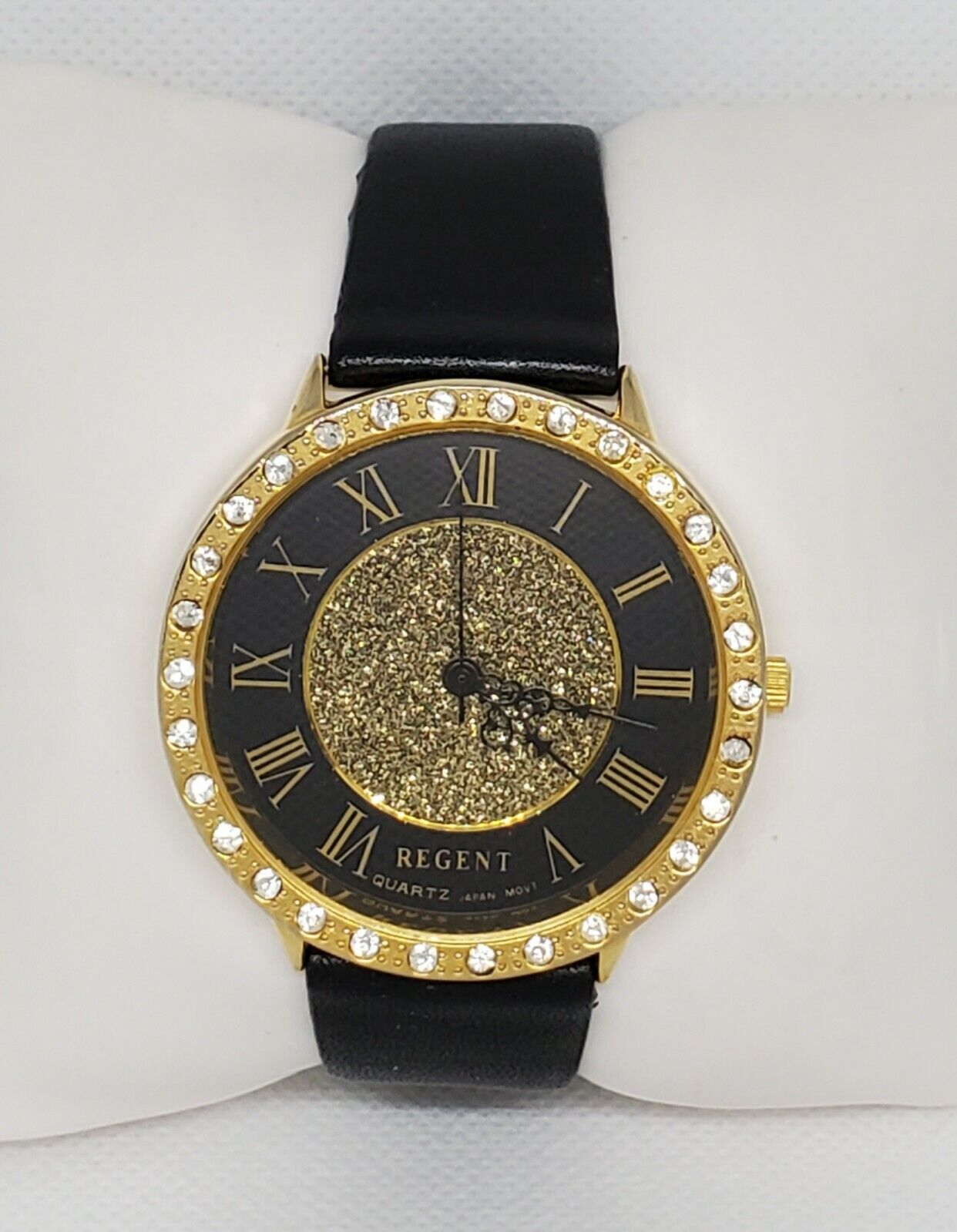 Ladies Regent Art Deco Stunning Gold Tone Black Leather Strap Analog Watch D7