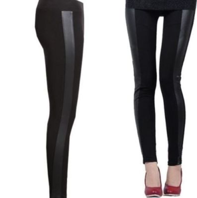 NEW WOMEN'S WET LOOK PVC SIDE PANEL FAUX LEATHER LEGGINGS BOTTOM