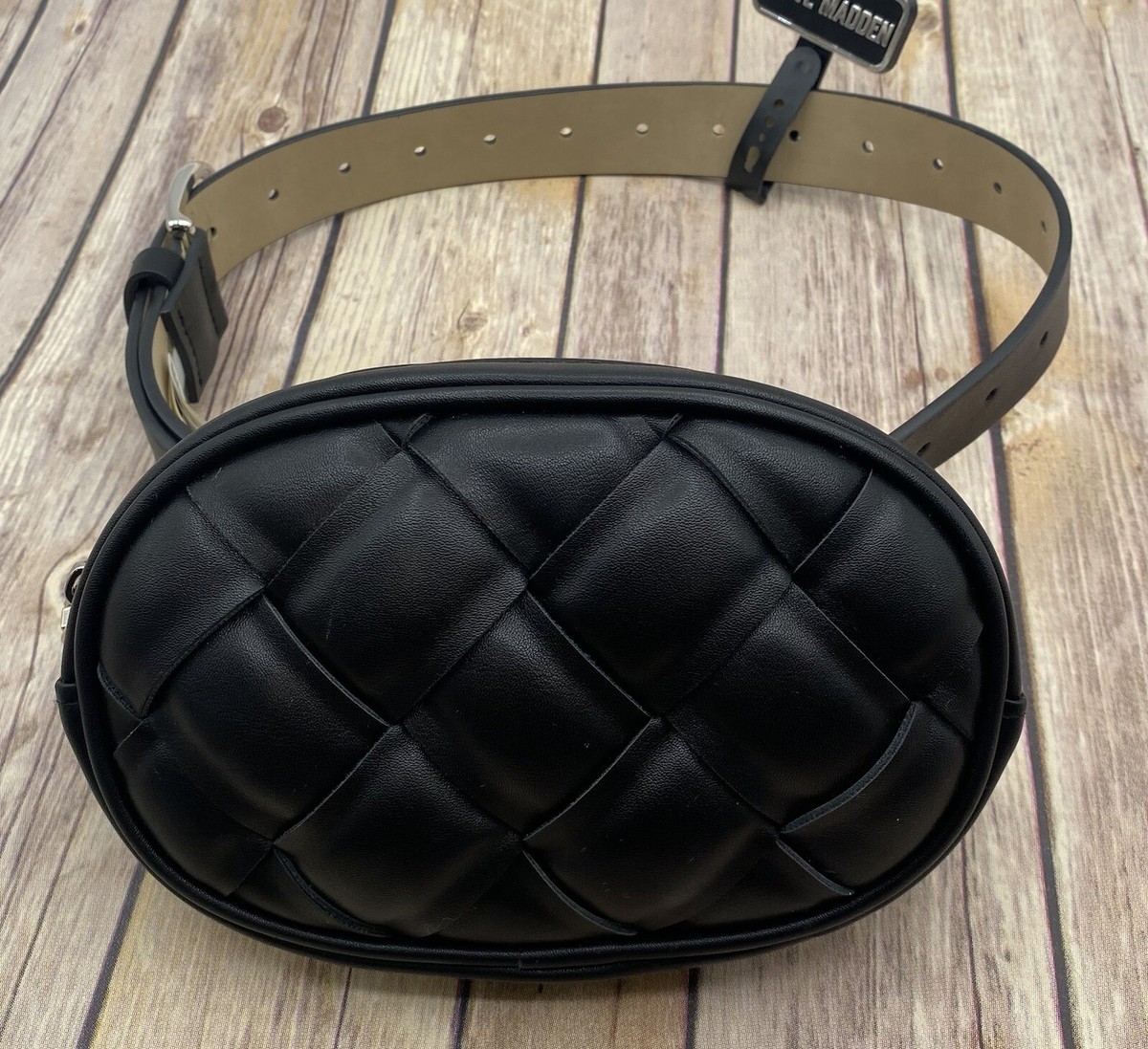 Steve Madden Diamond Weave Oval Belt Bag Fanny Pack Black Size S