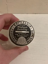 Battleship Prepared Mustard Blue And Silver Lid Glass Barrel Base Bank