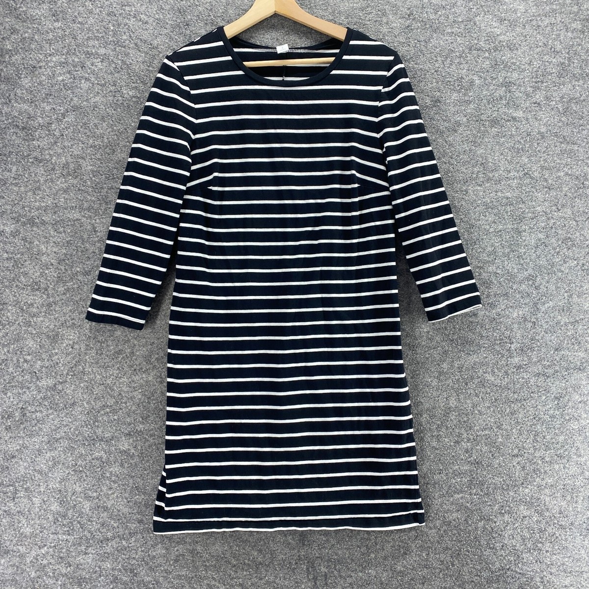 Old Navy Dress Women L Black Striped Shift Midi Crew Neck Long Sleeve