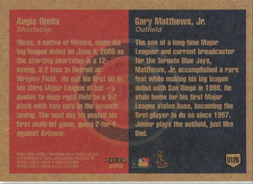 2000 Fleer Tradition Update Augie Ojeda Gary Matthews Jr. Chicago Cubs #U126 - Image 2 of 2