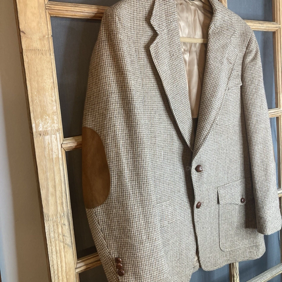Blazer John Weitz Para Hombre Marrón Pata de Gallo Cuadros 100% Lana Talla 42? Parches para codos Foto 3 de 4